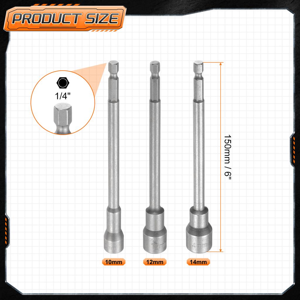3-15pcs Nut Driver Drill Bit Set 5.5-19mm Metric Impact Socket 1/4" Hex Shank 6" (150mm) Extra Long Magnetic 6-Point Sockets
