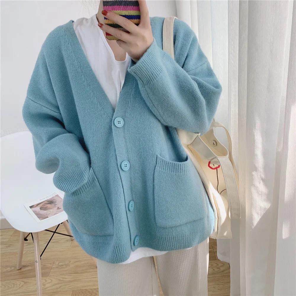 Women s Spring/Fall Long-Sleeve Knit Cardigan: Relaxed-Fit Korean-Style Oversized Sweater Jacket S