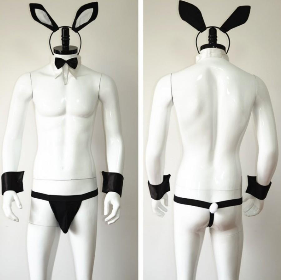 Mens Bunny Costume Maid Cosplay Underwear Set Men Rabbit Party Role Play Uniform Thong Bunny Ears Headband Collar Sex Lingerie