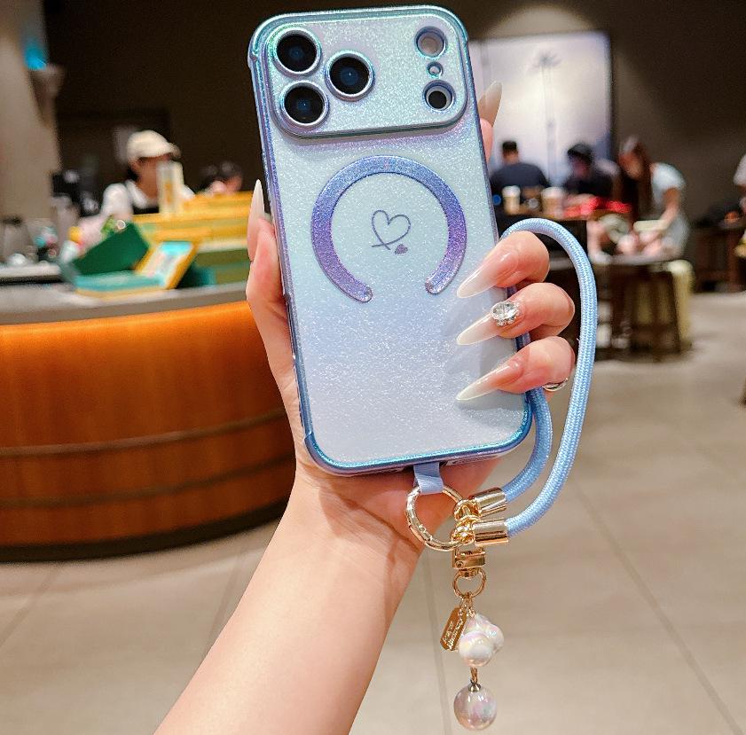 

Silk Iridescent Magnetic Gold Thread Lanyard Phone Case for iPhone 17 Air/16 PM/15 14 Pro небесно-голубой