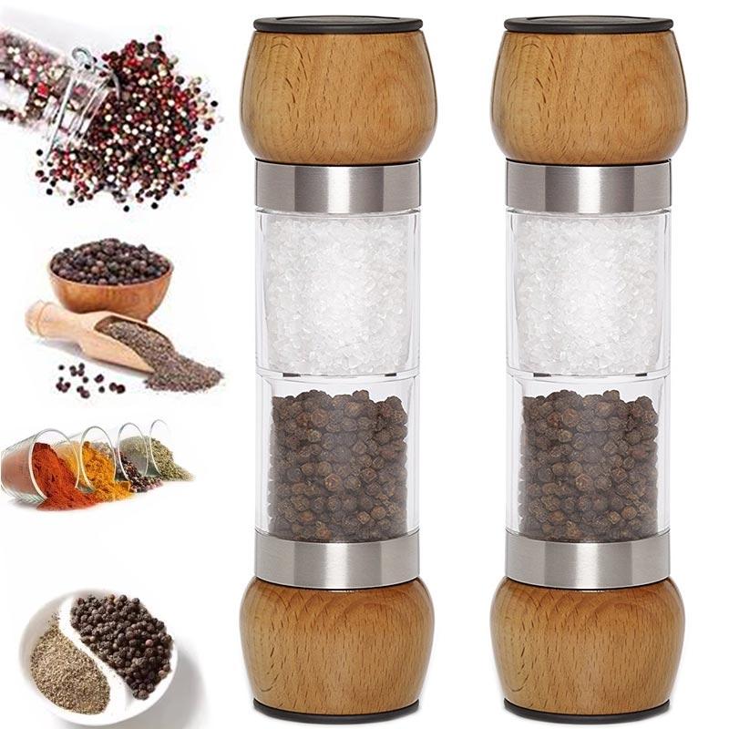 2-in-1 Salt Pepper Mill Wood Dual Pepper Grinder,Coarse Salt Grinder,Capacity 100ML * 2,Salt And Pepper Spice Shaker Grinders