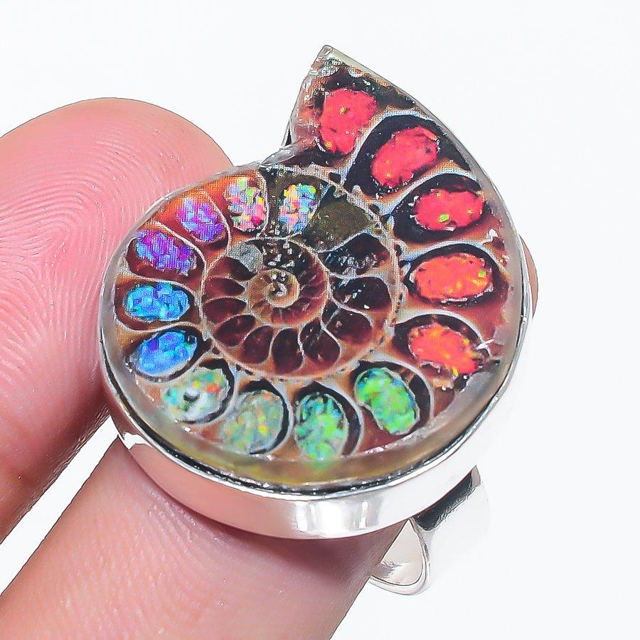 Natural Ammonite Fossil Gemstone 925 Sterling Silver Jewelry Ring Size 11 i8H02