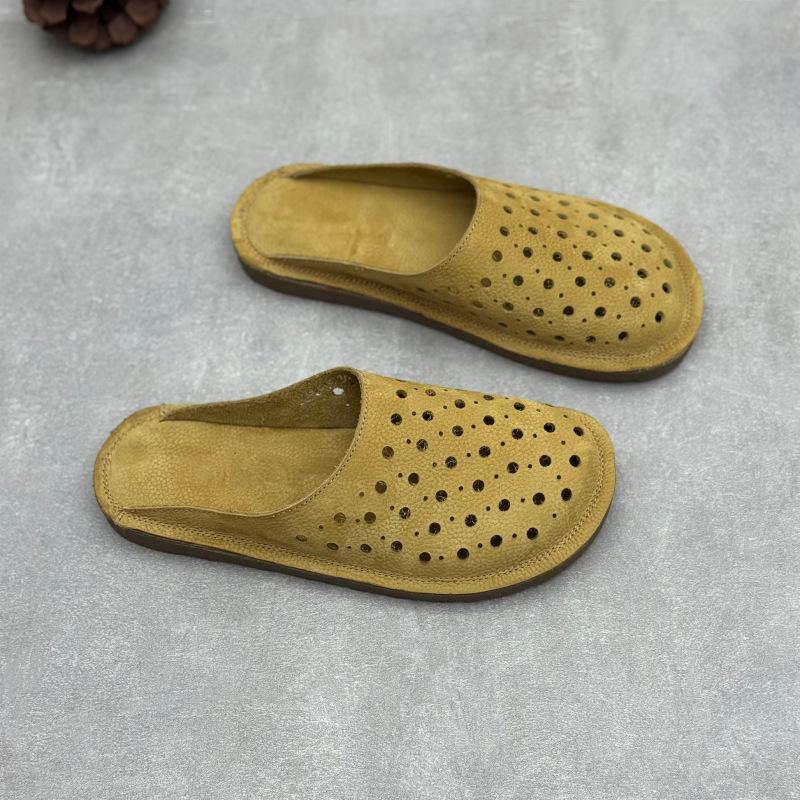 Johnature Handmade Cowhide Slippers Round Toe Flat Hollow-out Breathable Genuine Leather Slides