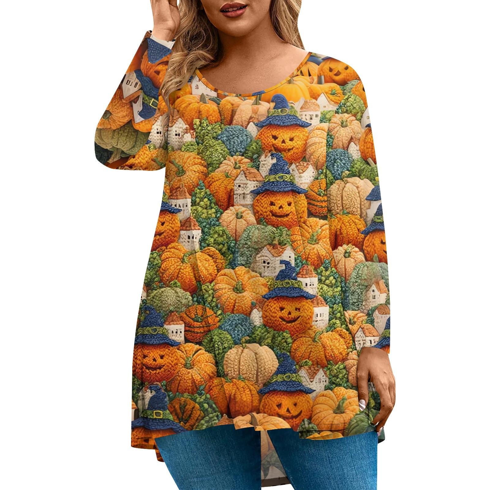 

Женская мода Большой размер Круглый вырез Длинный рукав Повседневный Пуловер Топ с принтом на Хэллоуин Свободного кроя XL зелёный