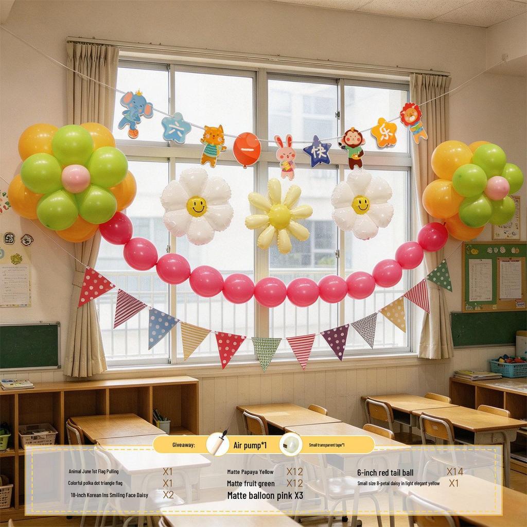 Children's Day Classroom Decorations: Blackboard, Flowers, Balloons, Flag Banners for Kindergarten Atmosphere and Photo Setup