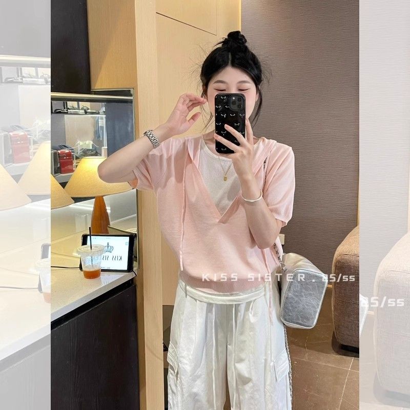 Frühlings- und Sommerstil Kapuzenpullover Fake Zweiteiler Eisseide Strick Kurzarm-Top