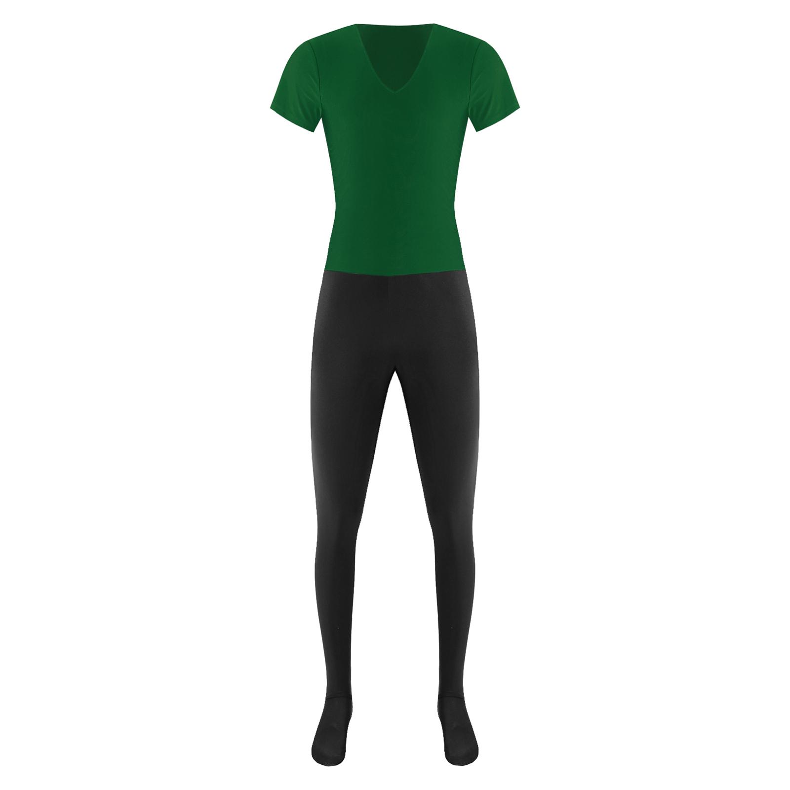 

Mens Ballet Dance Unitard Jumpsuit V Neck Short Sleeve Leggings Long Pants Contrast Color One Piece Bodysuit M зелений