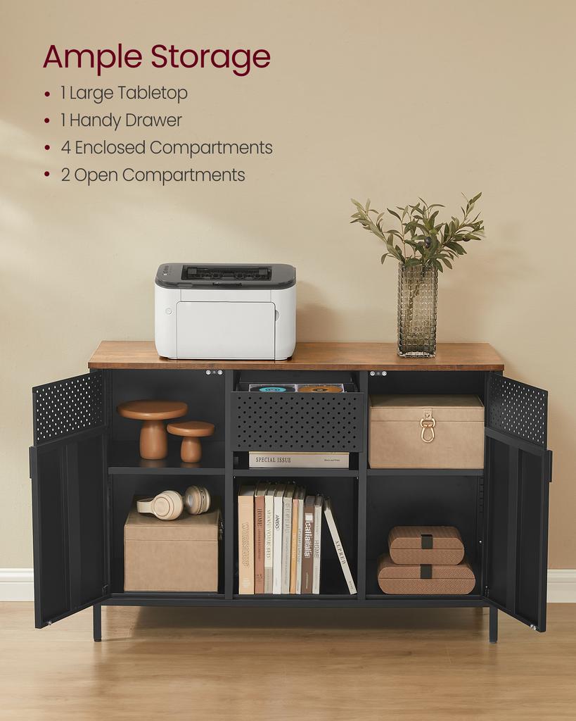 SONGMICS Armadietto, Armadio Metallico, Credenza con 2 Ante, Chiusura Magnetica, Ripiani Regolabili, Struttura in Acciaio, Marrone Rustico e Nero Opaco U