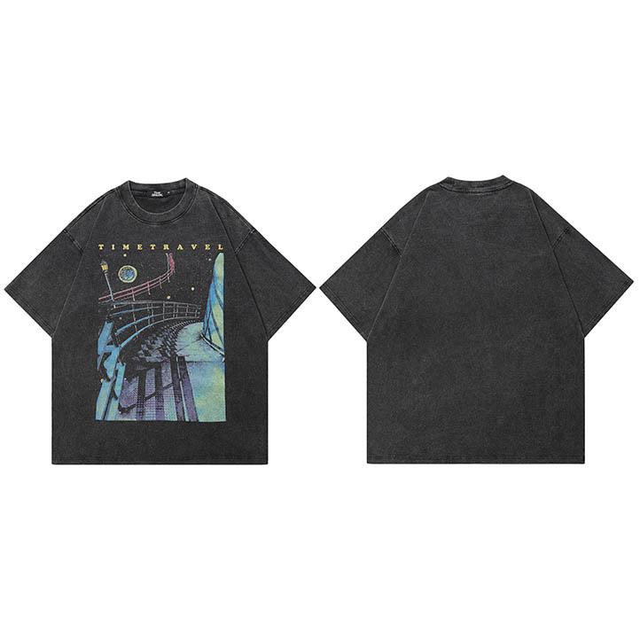 

Men Hip Hop Streetwear Oversized T Shirt Time Travel Painting Graphic TShirt Cotton Faded Black Tshirt Unisex Tops Tees S