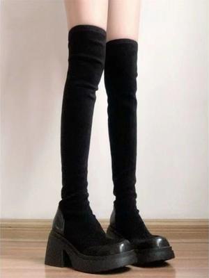 Mode Schwarz Plateau Warm Damen Über Knie Schuhe Herbst Winter Runde Zehe Damen Oberschenkelhohe Stiefel Gothic 2025 New Rock Stiefel