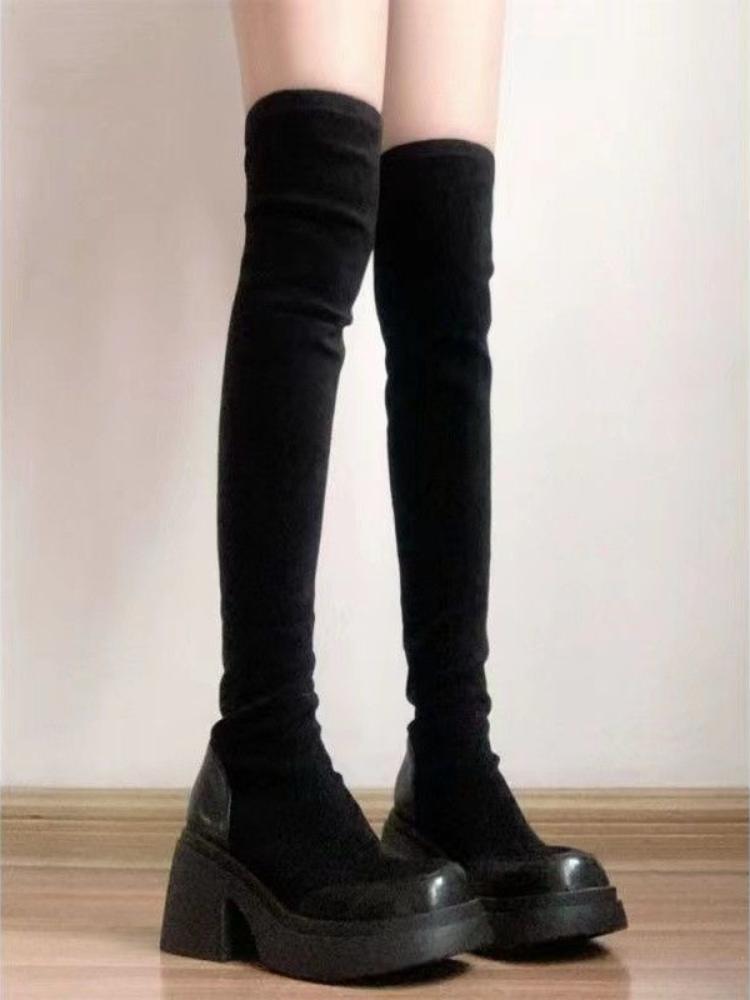 Fashion Elastic Black Round Toe Thigh High Boots for Women Spring Autumn Hot Work Gyaru Quality On Offer Above Over The Knee Shoes Woman