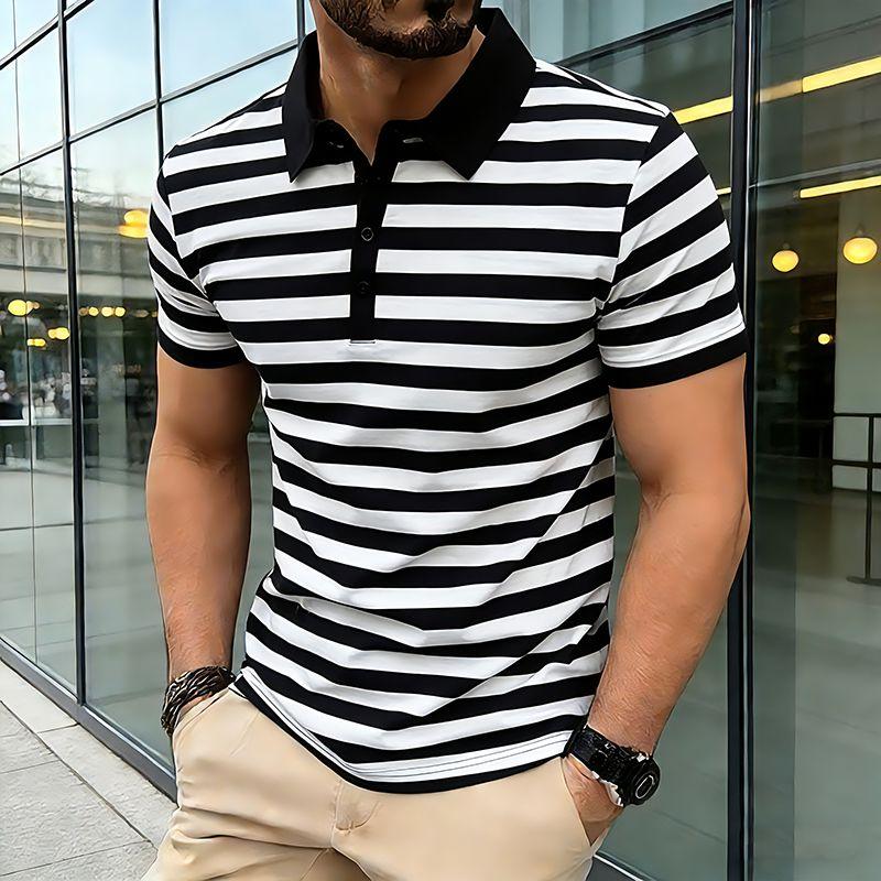 Summer Men's Classic Striped Polo Shirts Short Sleeve Breathable Casual T-Shirt Contrast Color Lapel Collar Streetwear Basic Top