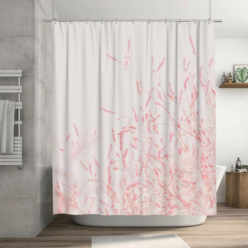 Delicate Pink Flowers Print Shower Curtain Waterproof Bath Decor for Bathroom Renovation Home Decoration White + Red Fabric Size