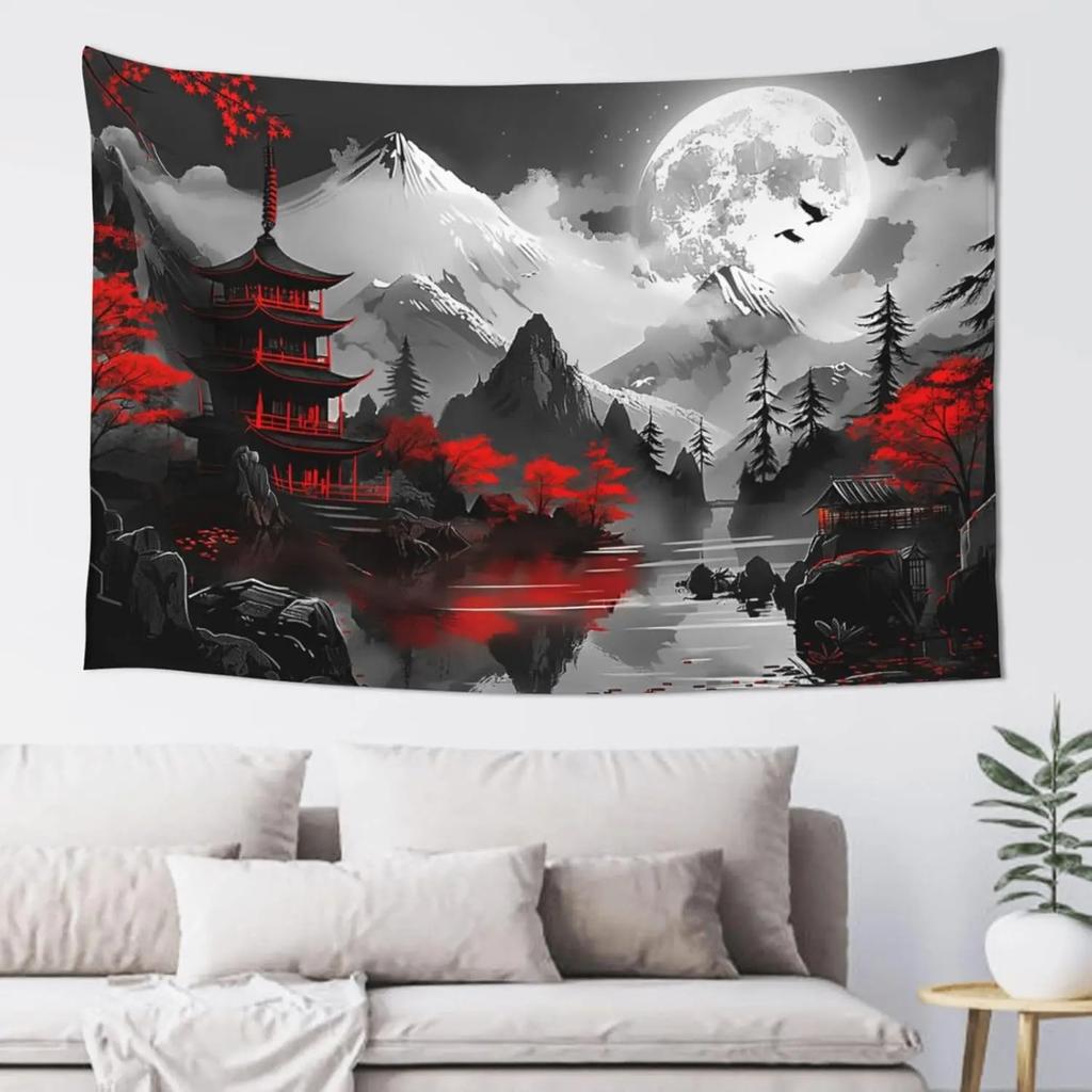Moonlit Floral Tapestry Full Moon Blossom Motif Bedroom Headboard Wall Hanging Interior Design Style Room Decoration