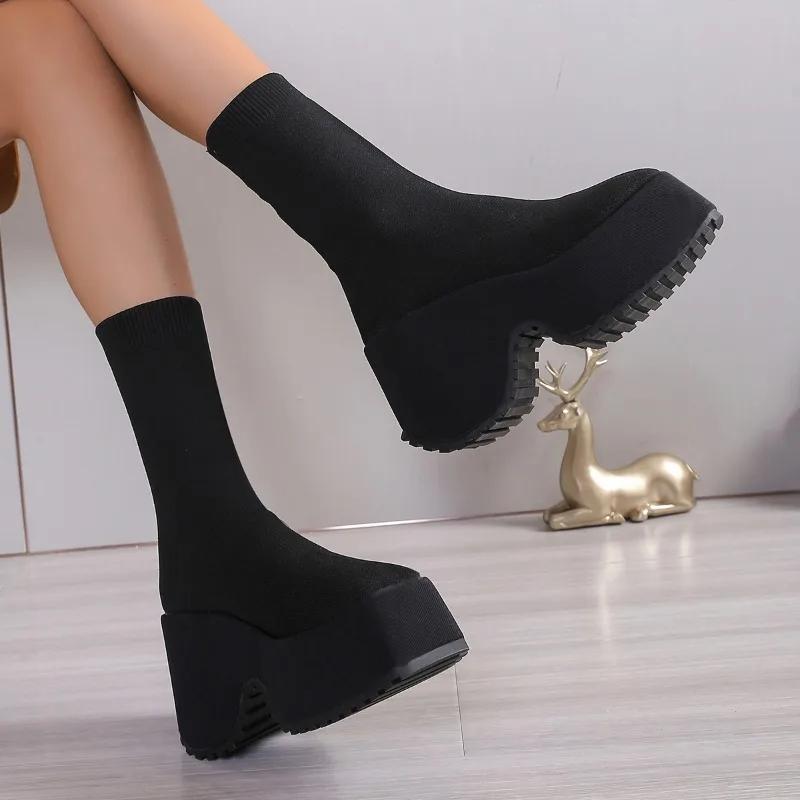 2024 Kadın Ayakkabıları Mesh Mid-Calf Kadın Botları Platform Modern Botlar Kadın Yuvarlak Burunlu Yüksek Topuklu Ayakkabılar Giyilebilir Büyük Beden Bayan Ayakkabıları