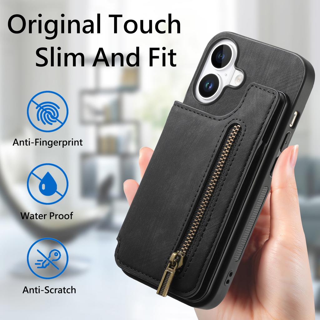 For iPhone 16 Pro Case with Card Holder Retro Leather+TPU Zipper Phone Cover