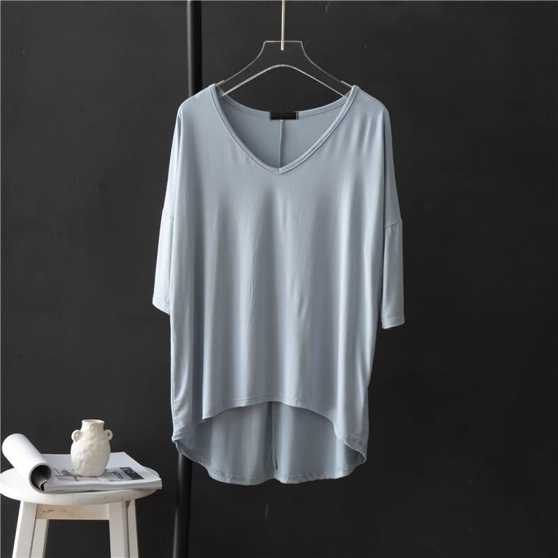 V-neck Undershirt Women's Five Quarter Sleeved T-shirt Summer Thin Plus Size Loose Sleepwear Mid Sleeved Korean Top