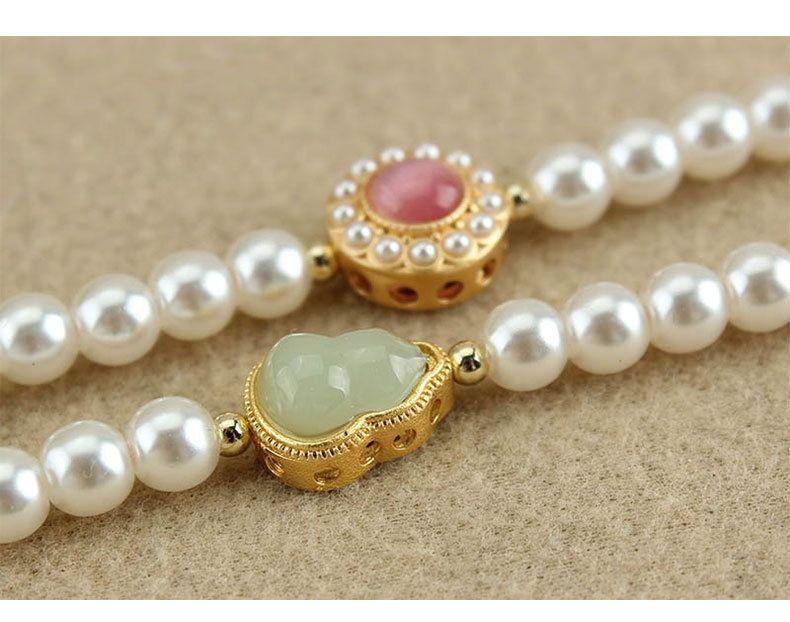 Retro Five Blessings Imitation Pearl Necklace with Cloisonné Pendant - Chinese Style Long Beaded Accessory