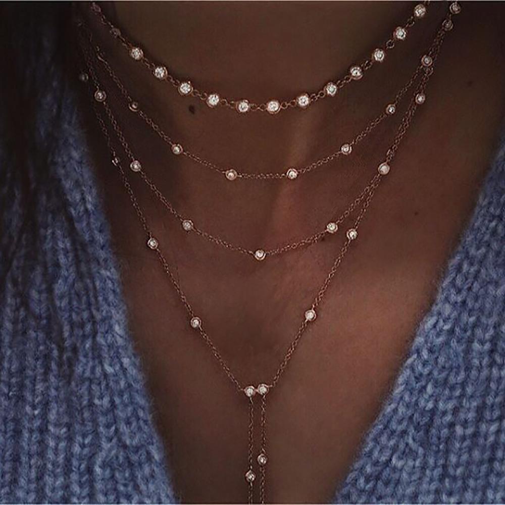 New Vintage Crystal Geometry Star Moon Lock Necklace For Women Boho Multi-level Pendants Necklaces Chokers Jewelry Gift