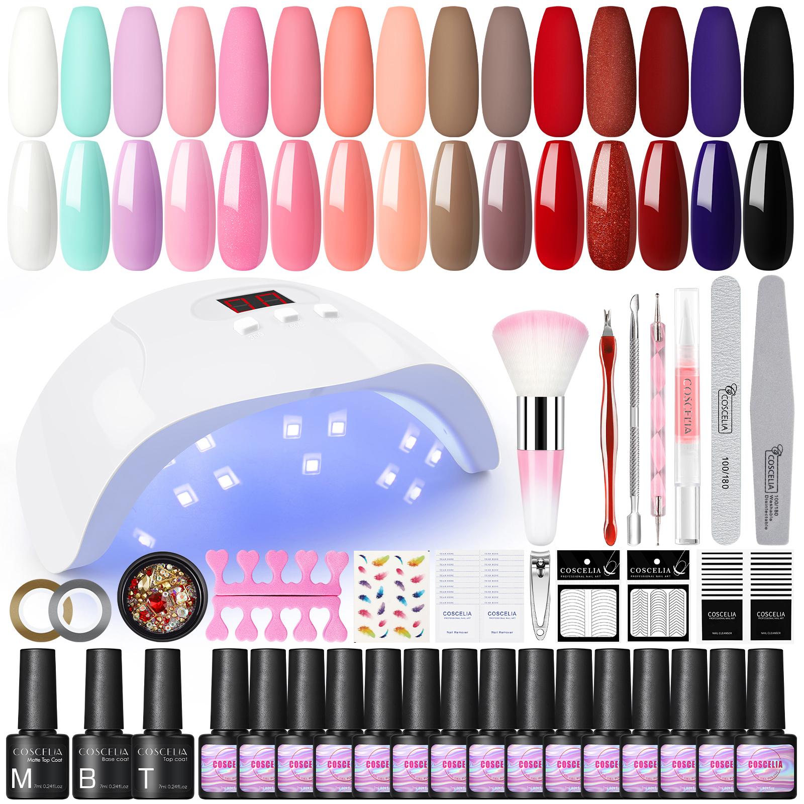 

COSCELIA 15 шт. маникюрный набор для гель-лака для ногтей 36 Вт УФ-светодиодная лампа для ногтей Soak Off матовый верхний базовый слой полуперманентный лак инструменты для дизайна ногтей набор со стразами для ногтей