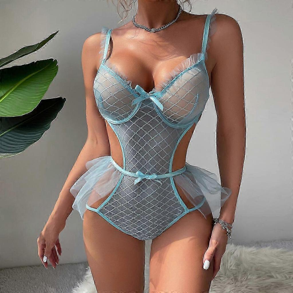 Women Lace See Through Bodysuit Ruffle Trim Babydoll Chemise Sleepwear Teddy USA New Arrival
