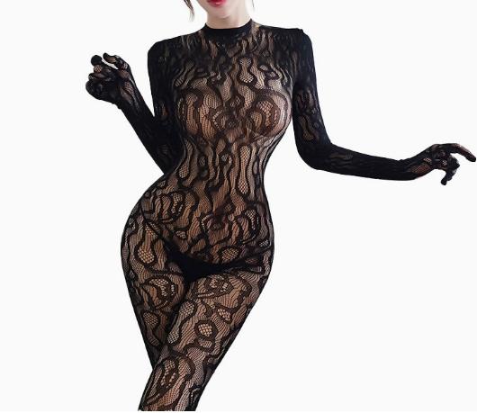 Lace Pattern Full Body Bodysuit Fishnet Stocking One Piece Stretchy Mesh Jumpsuit Long Sleeve Sheer Bodystocking