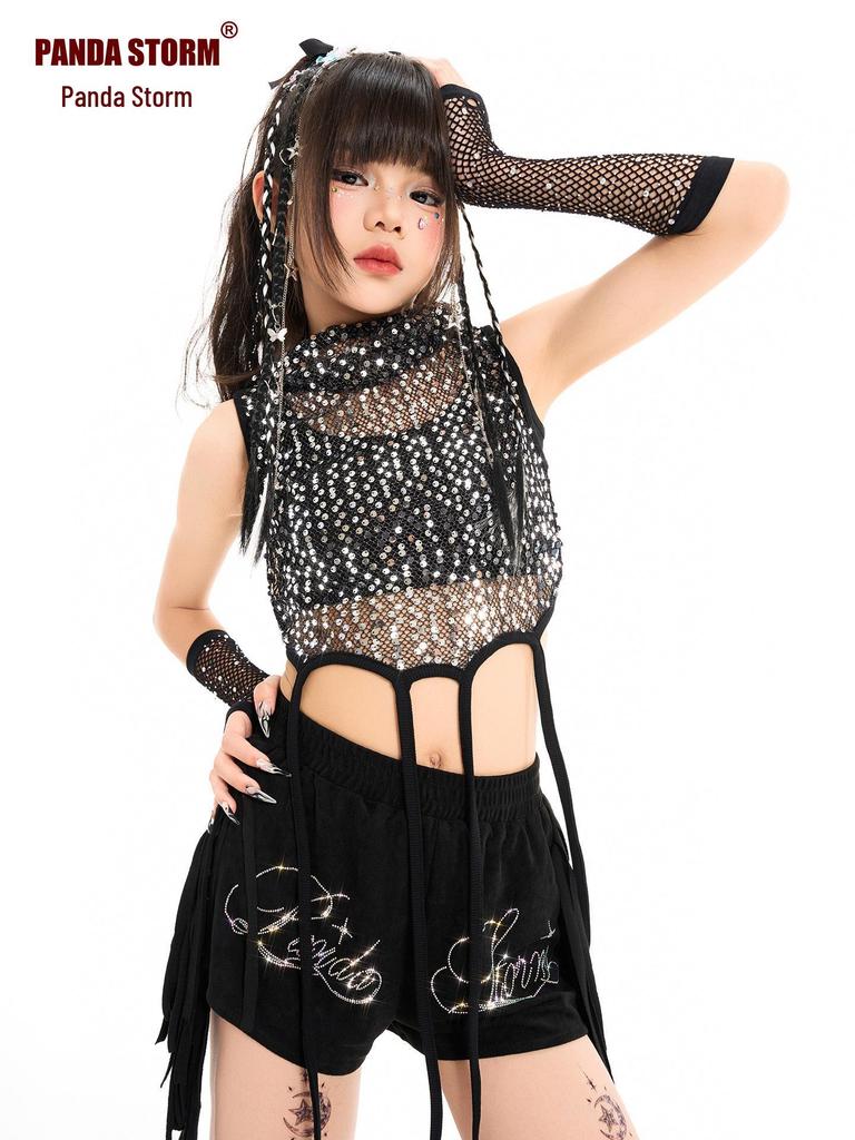 Girls' Sequin Jazz Dance Set: Rhinestone Vest, Shorts & Long Pants for Street Dance Performance