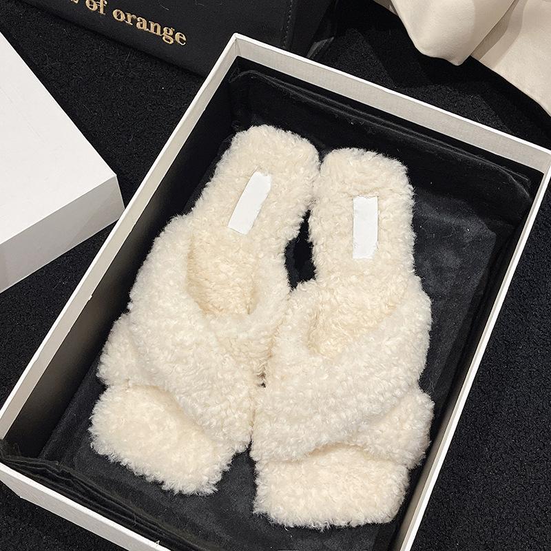 

2025 новая осенне-зимняя мода крест плоские тапочки домашние хлопковые моп тапочки из искусственной овечьей шерсти 39 бежевый