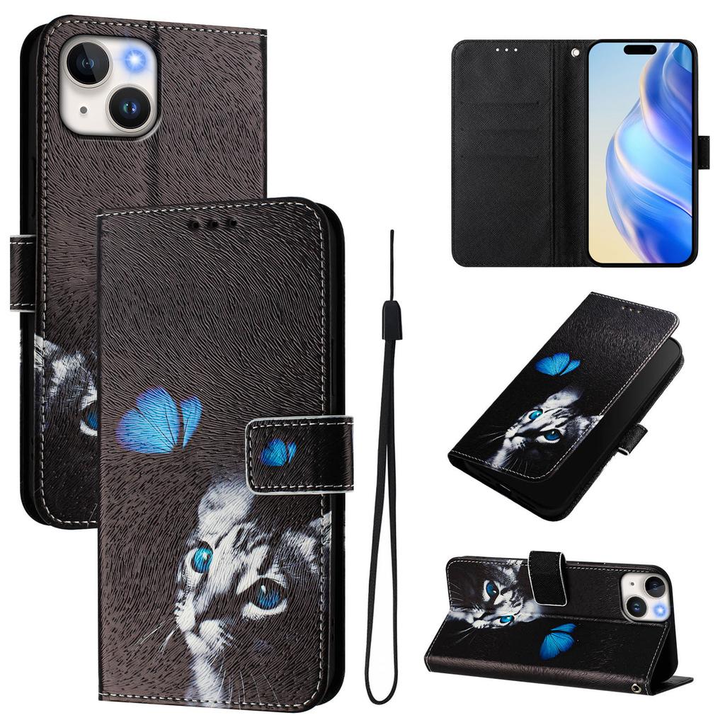 For iPhone 15 Case Pattern Printing Wallet Phone Cover with Strap
