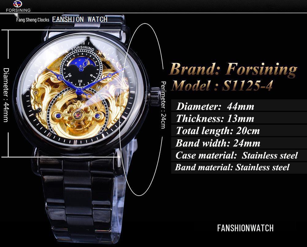 FORSINING Men's Tourbillon Moon Phase Automatic Mechanical Watch with Engraved Hollow Steel Band