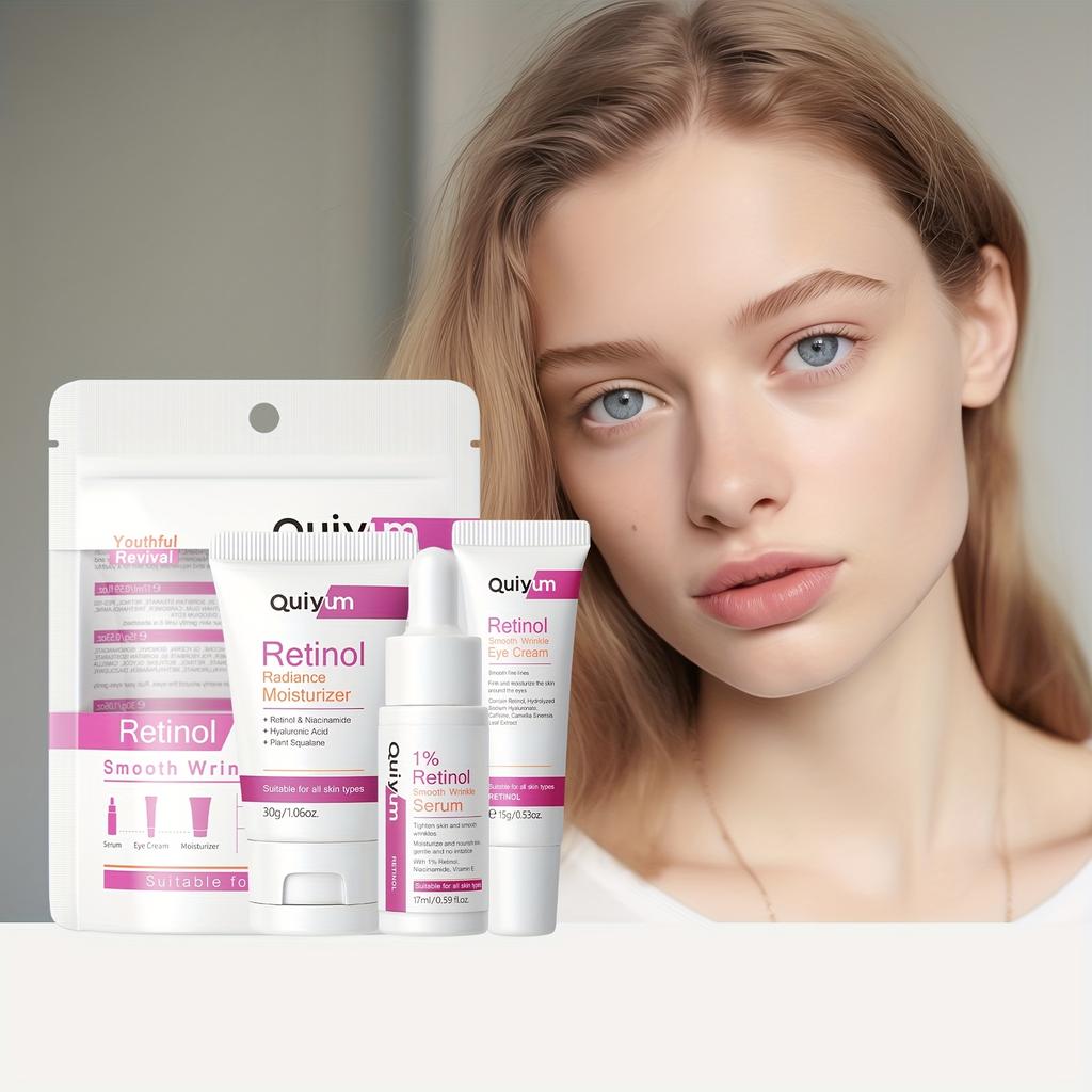 Retinol Smooth Wrinkle Skincare Set Moisturizing Firming Facial Skincare Routine Kit - Retinol Serum-Face Moisturizer-Eye Cream