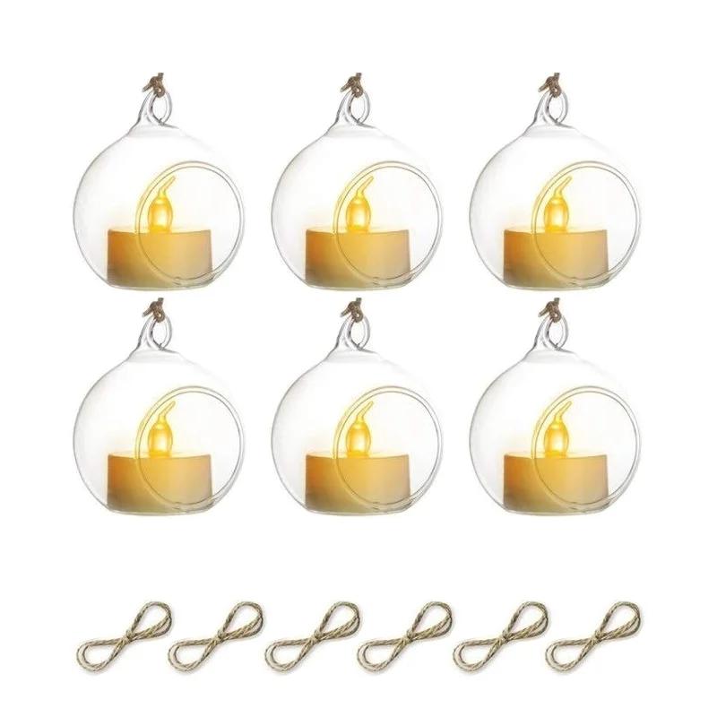 Round Hollow Glass Hanging Stand Candle Holder with LED Candle 6/8cm Candle Candlestick for Wedding Party Tree Garden Decoration