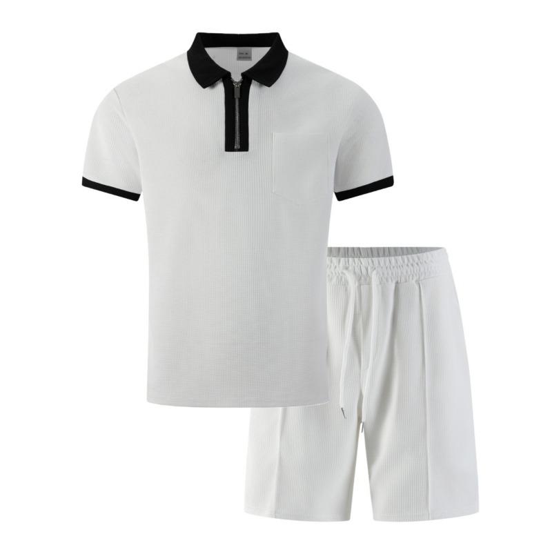 Mens Waffle Collared Polo Short Sleeve Shorts Casual Beach Vacation Set