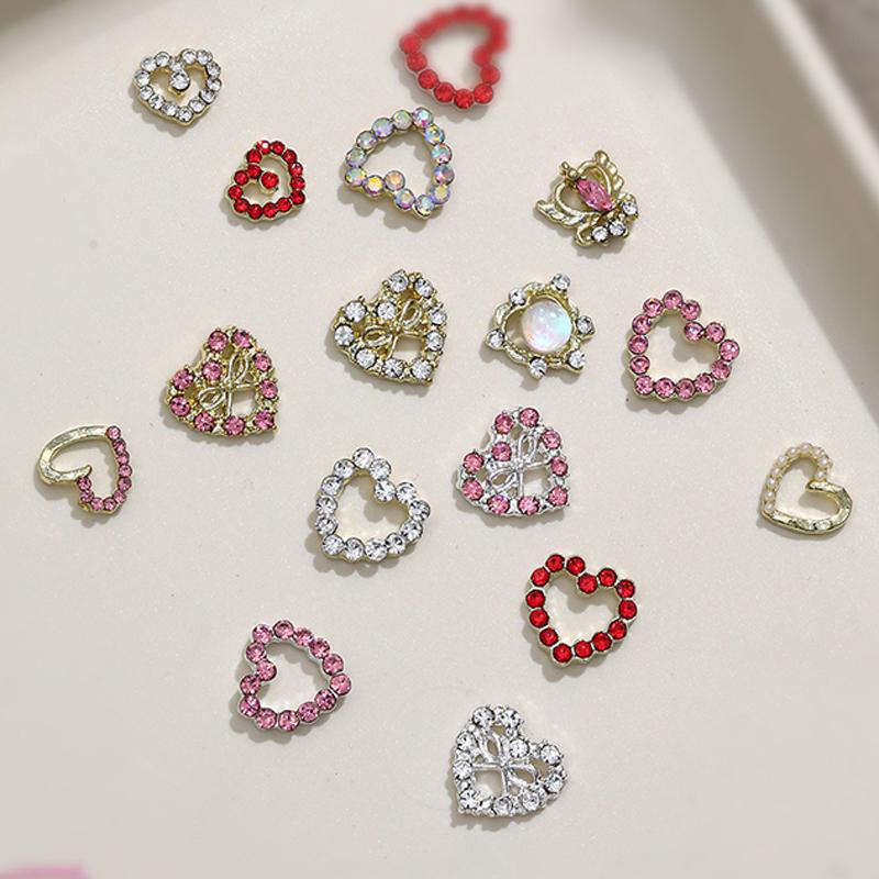 2Pcs 3D Loving Heart Shaped Nail Art Rhinestone Gems Charms Luxury Diamond Alloy Glitter Hearts Jewelry Nail Supplies Accessory