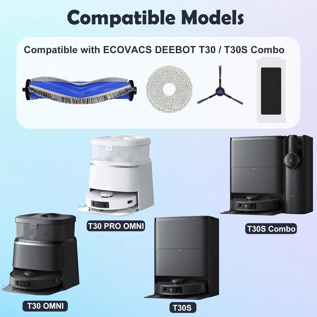 18 Replacement Parts for ECOVACS DEEBOT T30S/T30S Pro Vacuum and Mop Accessories Kit, 1 Main Brushes, 6 Side Brushes, 6 Mop Cloth Pads, 4 HEPA