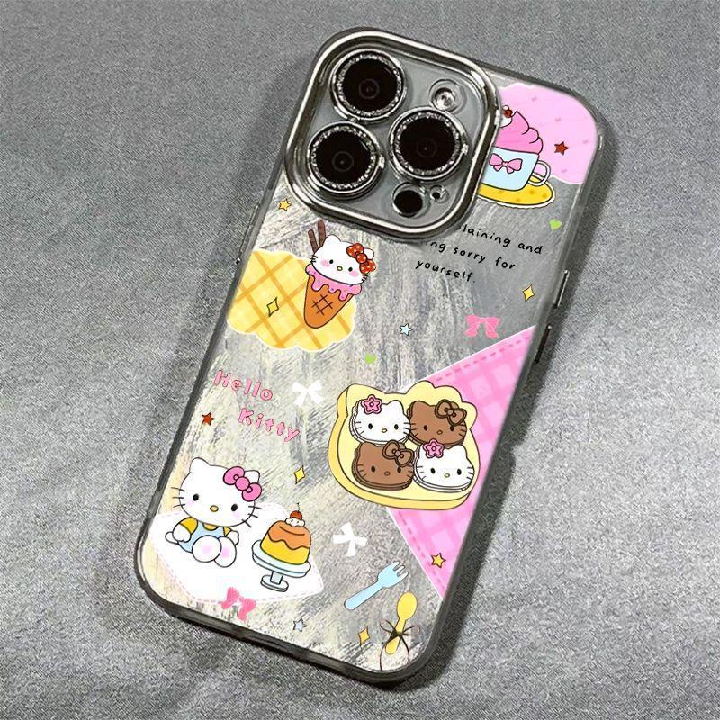 

Ice Cream KT Gauze Shell Case for iPhone 17 Pro Max with Rhinestone Lens Film - Cartoon Design iPhone 15 Pro