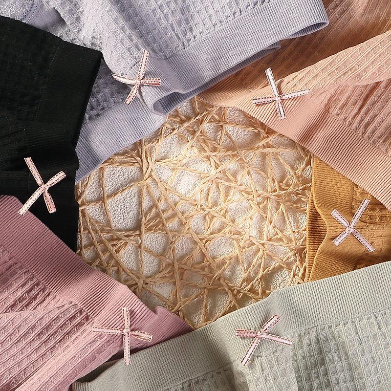 Women's Plaid Lace Edge Seamless Waffle Underwear with Graphene Crotch and Bowknot