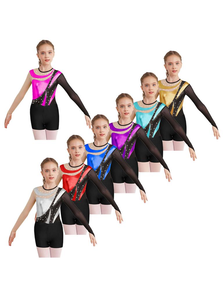 V-Waist Training Leotard Set for Girls: Breathable Mesh Long Sleeve with Keyhole Back & Matching Shorts for Practice