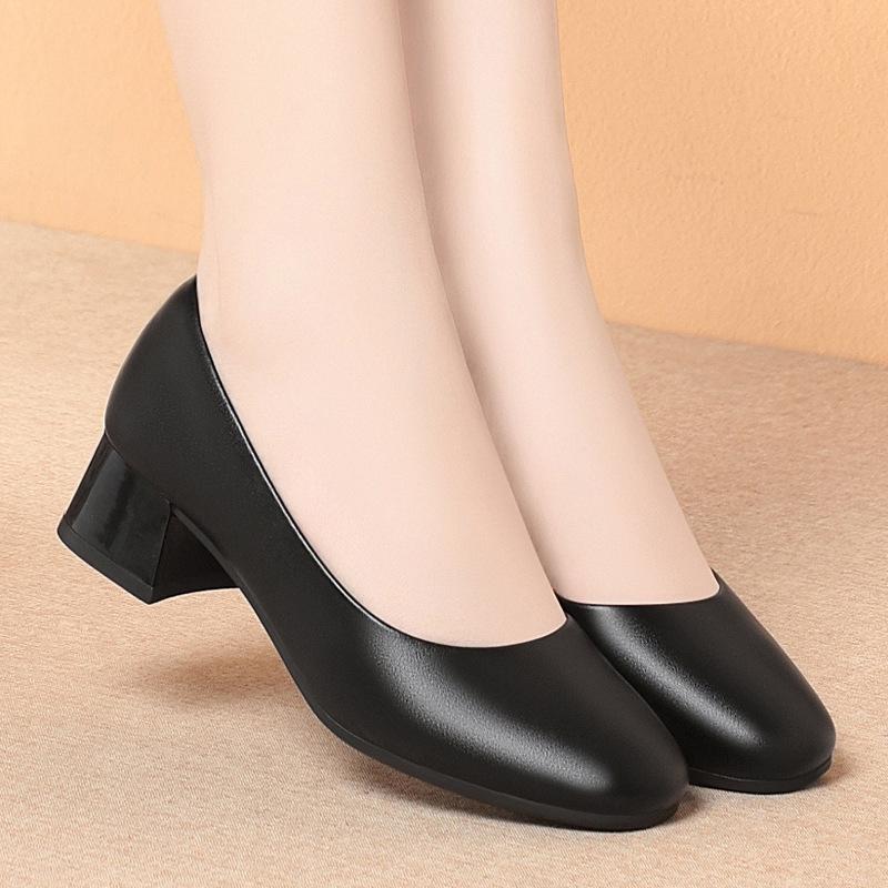 Stewardess Leather Shoes Soft Sole Round Toe Thick Heel Work Shoes For Women Black Hotel Formal Interview Single Shoes For Women