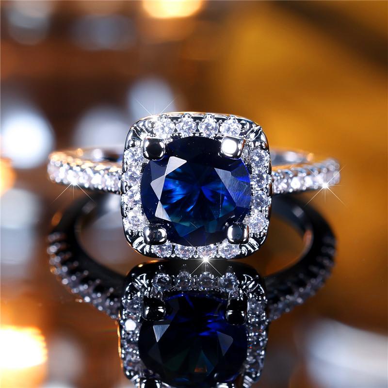 Luxury Female Blue Round Zircon Stone Ring Trendy Silver Color Engagement Cute Bride Wedding Jewelry Gift For Women
