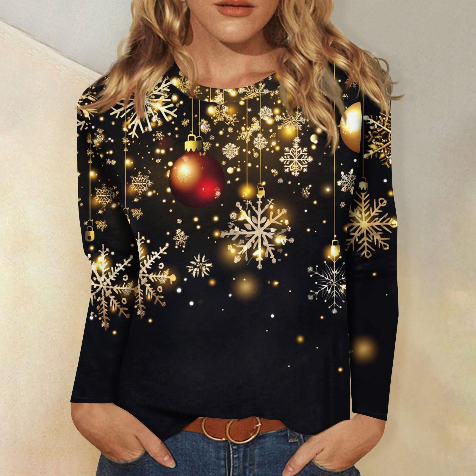 

Женская мода повседневный топ с длинным рукавом с рождественским принтом и круглым вырезом XXXXL золотой