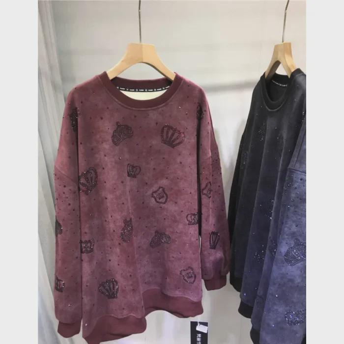 European Luxury Crown Diamond Sweater: Women's Plus-Size Velvet Thick Long Sleeve Top