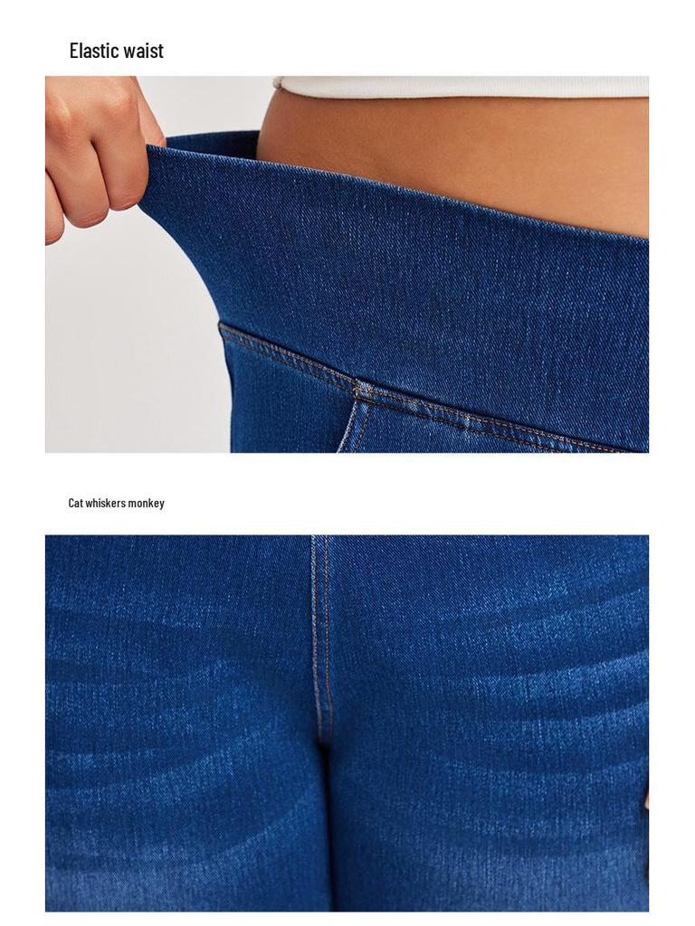 Women's Plus Size Cross-Waist Wide-Leg Jeans with Frayed Edges, Monkey Wash, Pockets, and Elastic Waist - Casual Slimming Fit