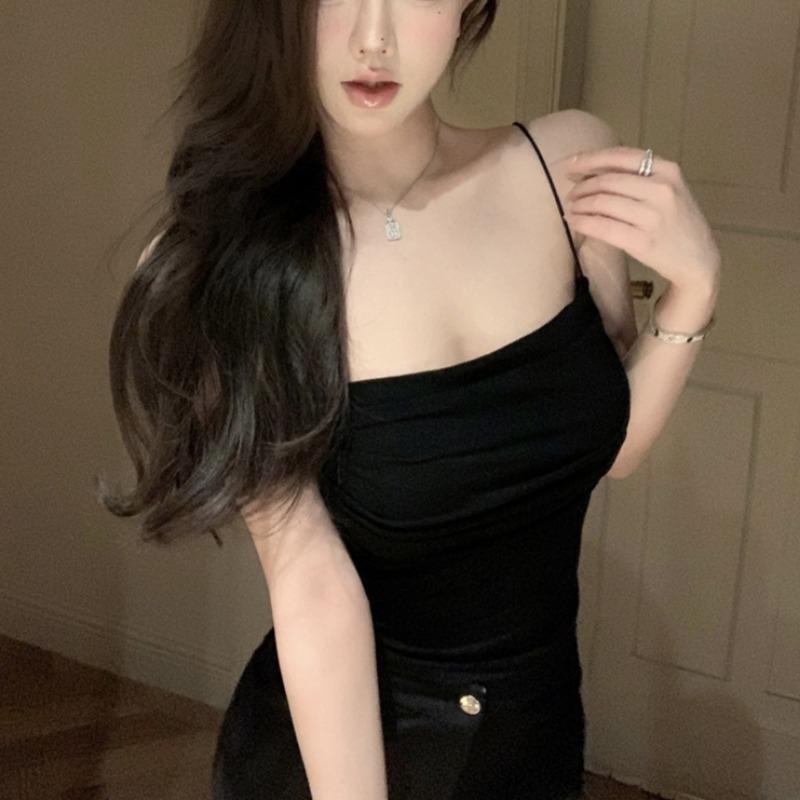 Women's Pleated Camisole Top Summer One Neck Tank Top Women's Slimming Street Top Girls' Chest Cushion Pure Desire Camis