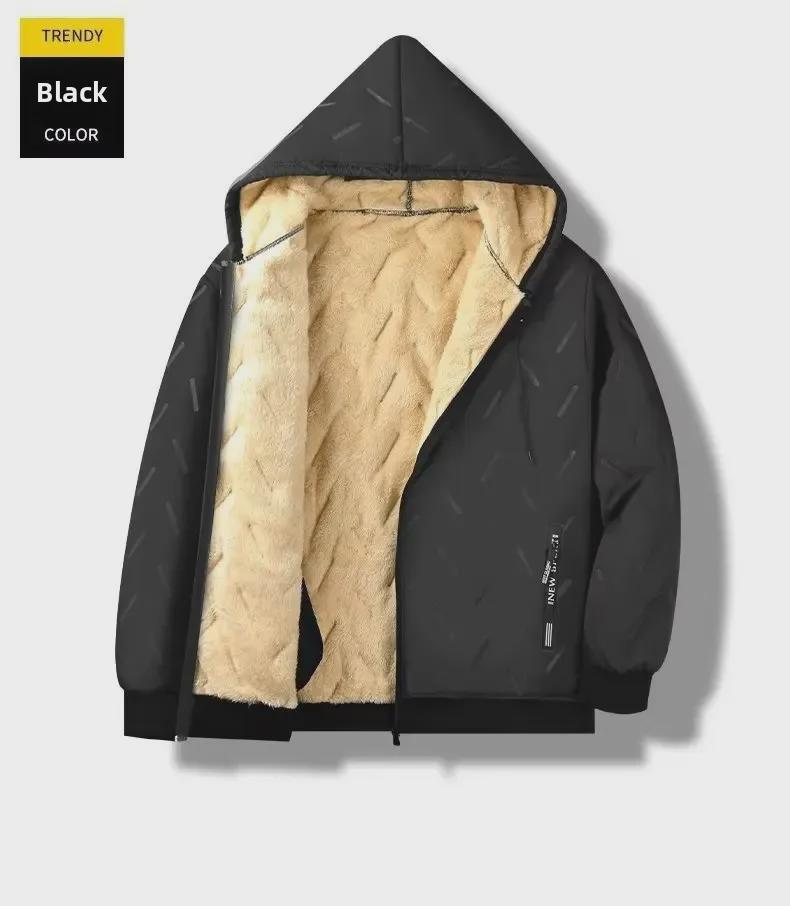 Men's Lambskin Hooded Cotton Jacket - Windproof, Cold-Resistant, Warm Winter Outerwear for Casual Wear, Available in Large Sizes.
