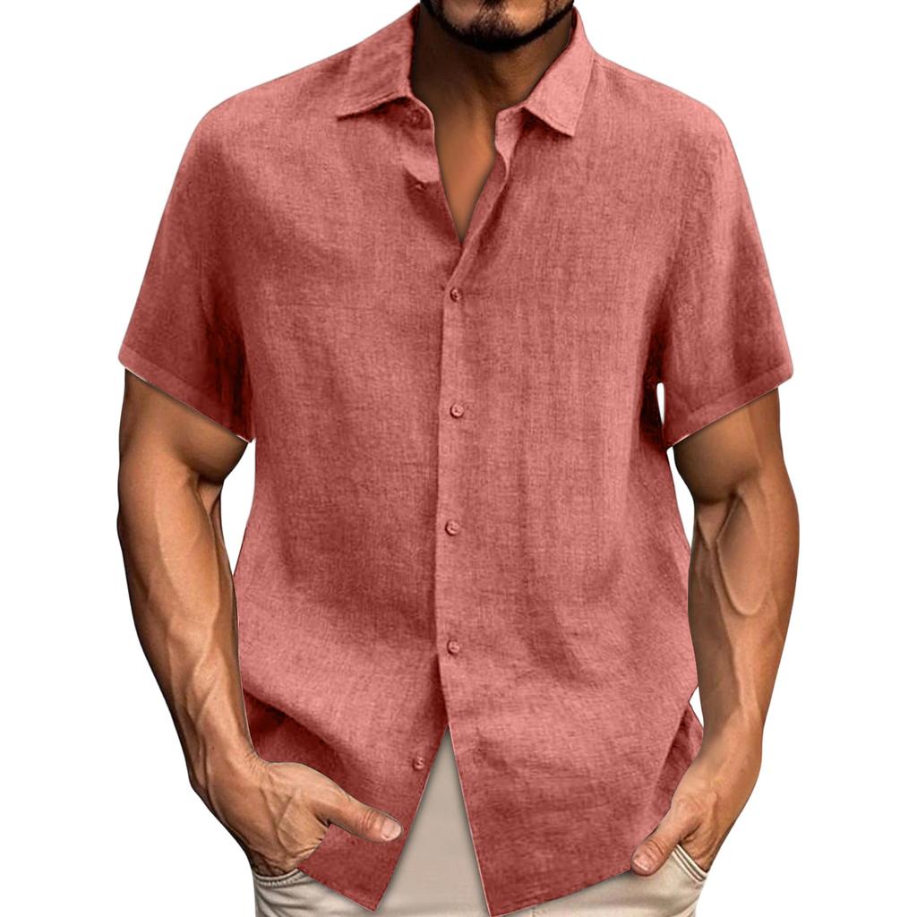 Spring Summer Men's Casual Cotton Linen Color Short Sleeve Shirts Loose Shirts