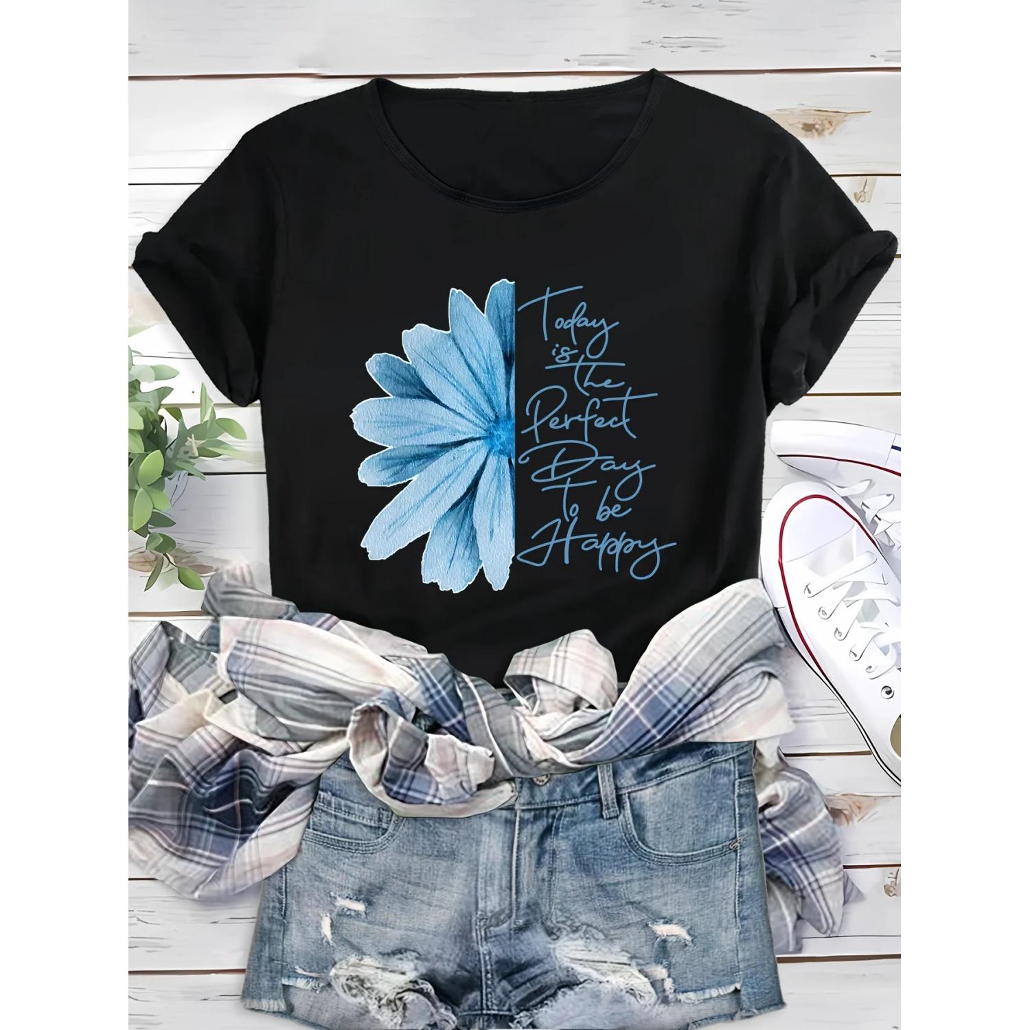 

Flower Print Sleeve Round Neck Top Everyday Wear Women s Casual Fit Summer T-Shirt with Blue S чёрный