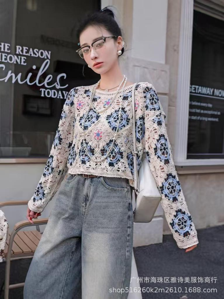 Fashion loose and thin hollow crochet knitted sweater women's new foreign style unique chic cardigan long-sleeved top