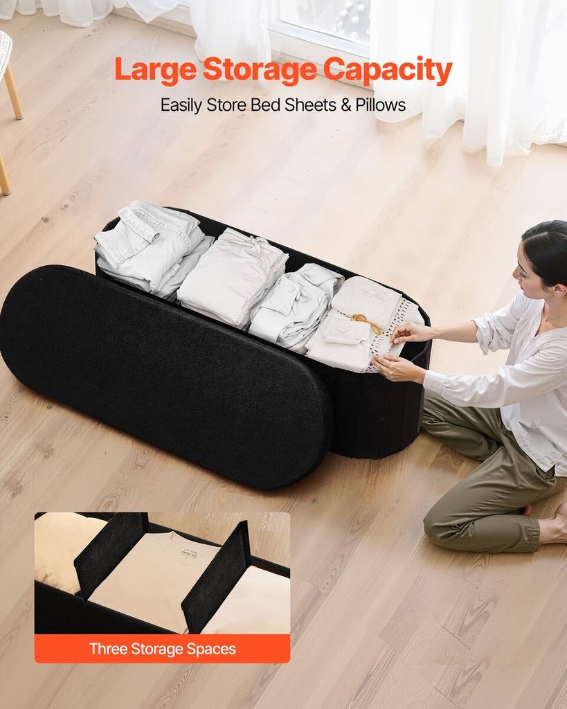 Oval Storage Ottoman Bench, Foldable Teddy Fleece End of Bed Bench, Folding Upholstered Bed Ottoman Chest with Large Storage Space, Supports 660 lbs,