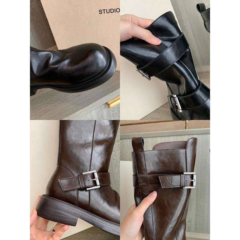 Cowhide Version~ Grape Ma with the Same Height Increase of 4cm, Two Kinds of Tube Height, Double Buckle Boots, Thick-soled Knight Boots, Women's Boots